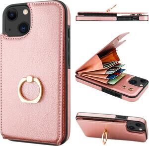Folosu Compatible with iPhone 13 Case Wallet with Card Holder, 360°Rot Rose Gold